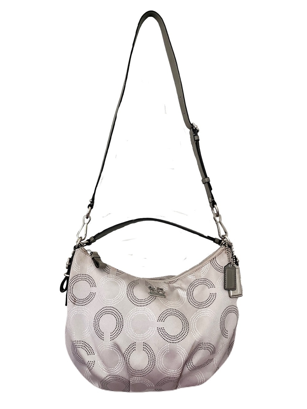 Coach Silver Jacquard Grey Leather ‘Madison Dotted Op Art’ Hobo Satchel - Picture 1 of 9